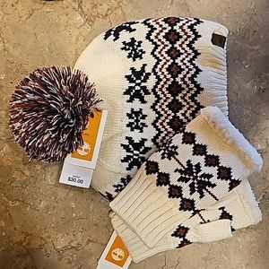 Timberland Pom Beanie Hat And matching Fingerless Gloves